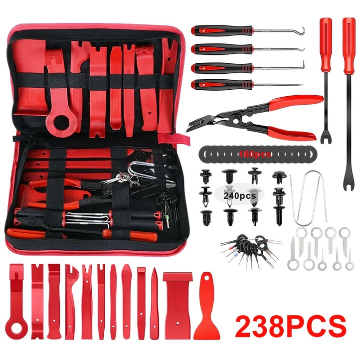 Set scule demontare ornamente auto, trusa panouri 238 piese, leviere din plastic, unealta demontare cleme si clipsuri, pentru radio si usi
