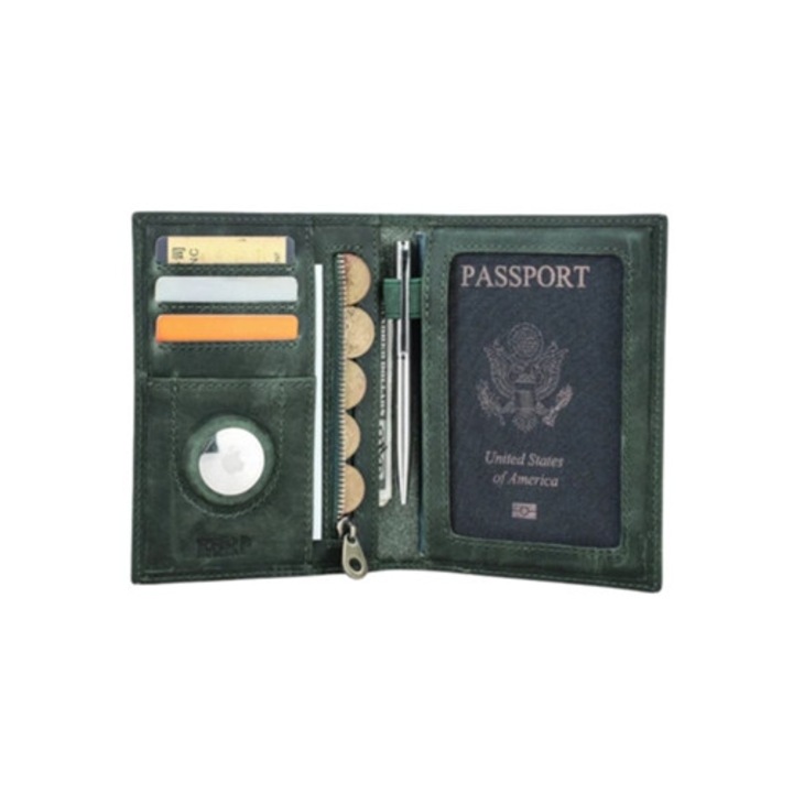 Portofel pasaport cu tracker global, protectie RFID, organizator piele, rezistent socuri