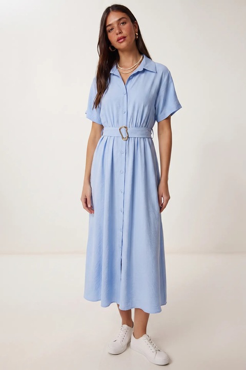 Rochie midi, Happiness Istanbul, camasa cu bumbac-polqwgewqiester, Baby Blue/Albastru deschis