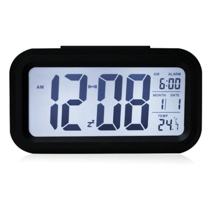 Ceas desteptator digital, afisaj temperatura, lumina de noapte, baterie, 12/24h, senzor lumina