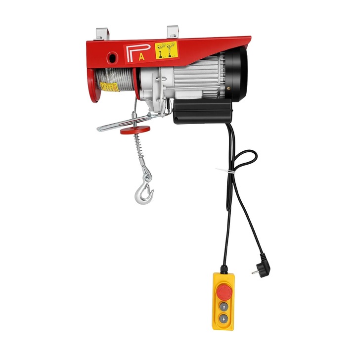 Troliu electric, Palan electric 800 kg, Cablu de otel 10 m, Telecomanda si comanda cu fir, Cablu simplu/dublu, Rosu