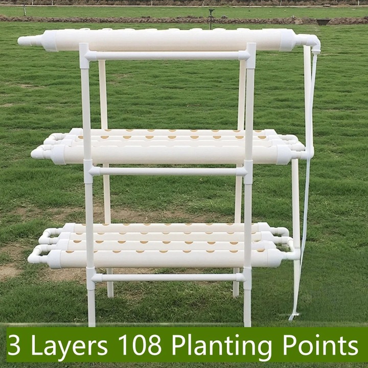 Kit hidroponic de cultivare, sistem hidroponic, 108 locuri pentru plante, 12 tevi pe 3 niveluri, tavi si capace rasadnita PVC-U, alb
