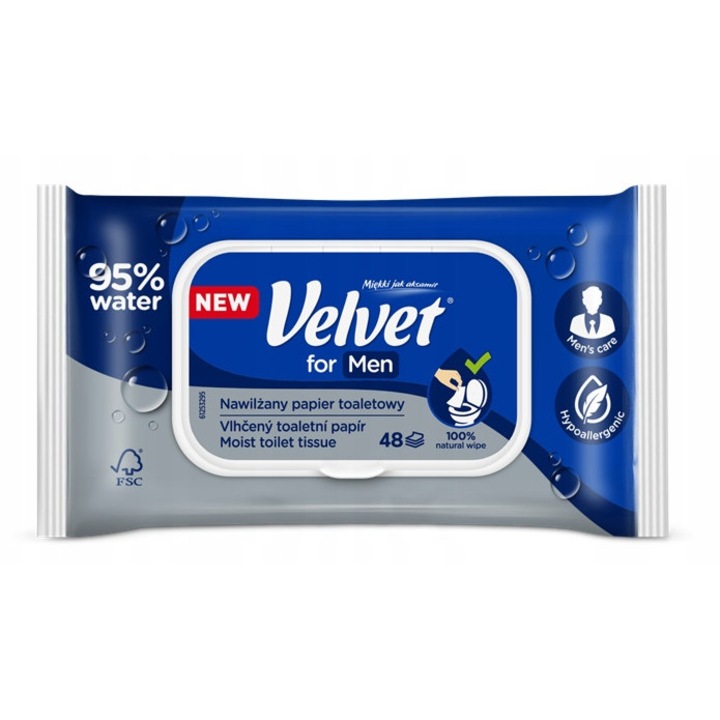 Hartie igienica umeda Velvet for Men, 48 foi, parfum masculin, 8 pachete