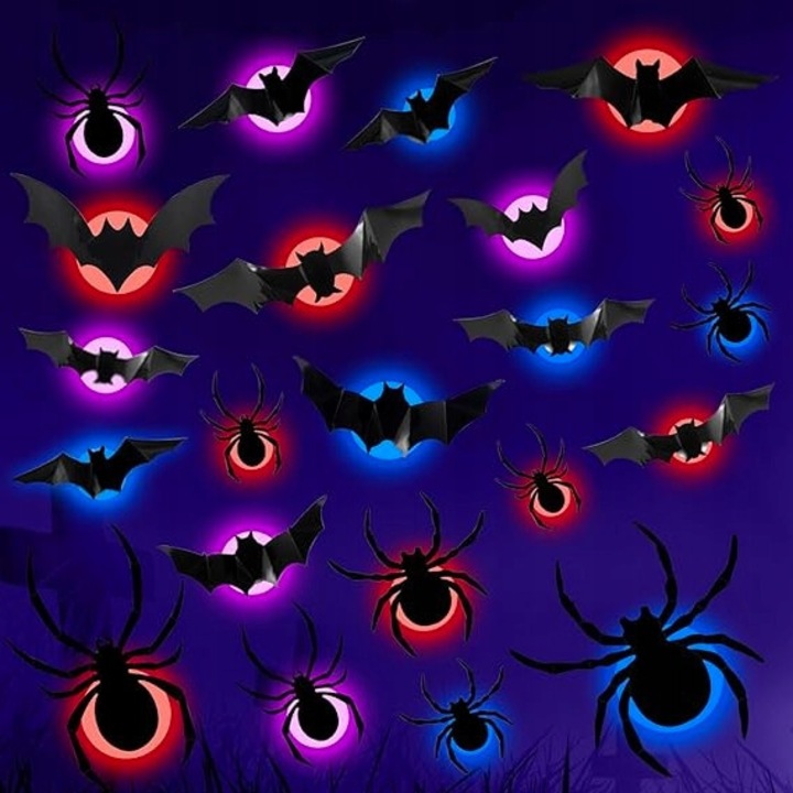 Stickere decorative Led Halloween 3D lilieci luminosi LED set 22 buc