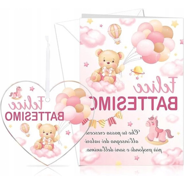 Felicitare Prezent pentru botez cu plic si decoratiune acrilica alba