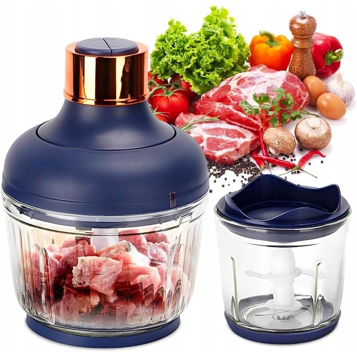 Mini blender electric portabil, Bedee, 1200mAh,400 ml, USB,6 lame, set cu 2 cupe de stoarcere, pentru bucatarie de sala de calatorie,18x8cm, Albastru inchis
