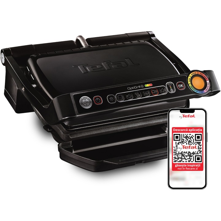 Gratar electric Tefal OptiGrill+ GC712834, 2000W, 6 programe automate, indicator gatire, senzor automat, mod manual cu 4 trepte de temperatura, placi detasabile antiaderente, negru