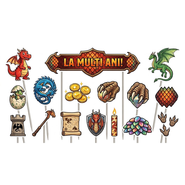 Set toppere tort DRAGONI V2, 16 figurine, carton, suporti din lemn inclusi