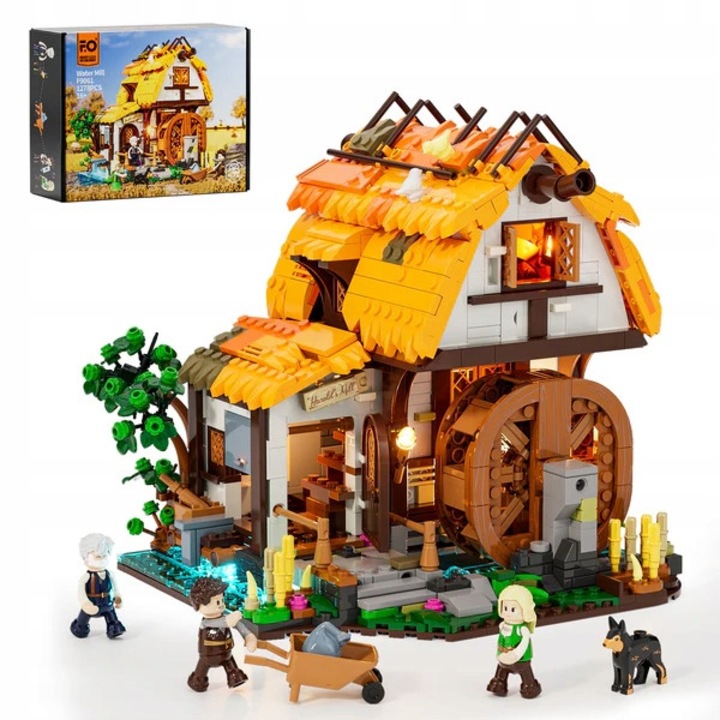 Set constructie LUMIBRICKS Moara de apa medievala, iluminare LED, 1278 piese, 18x19x21cm