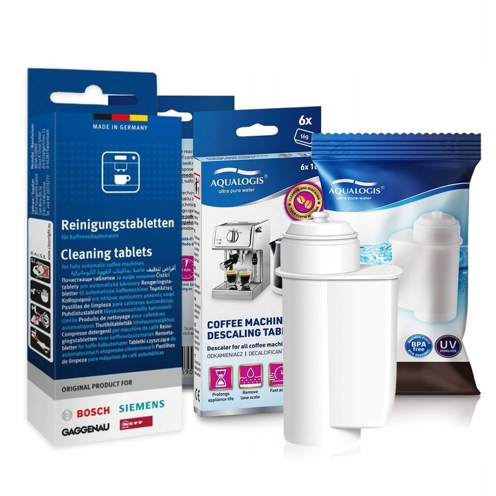 Set accesorii pentru espressor Aqualogis filtru AL-Inte, tablete si odorizant, alb, 15x12x4cm