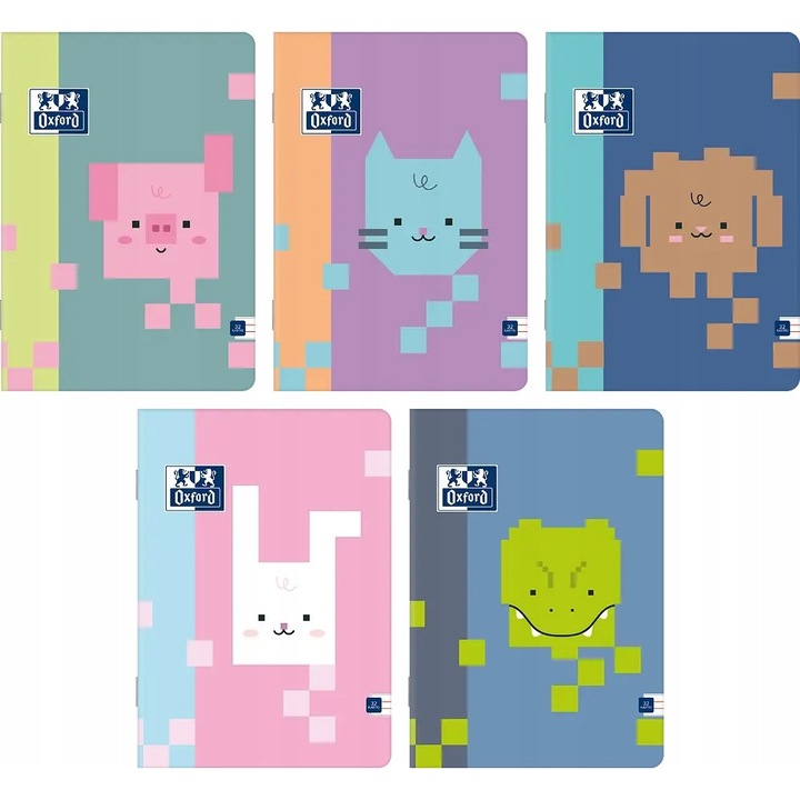 Set 5 caiete Oxford Zoo Blocks, A5, 32 file, multicolor, soft touch