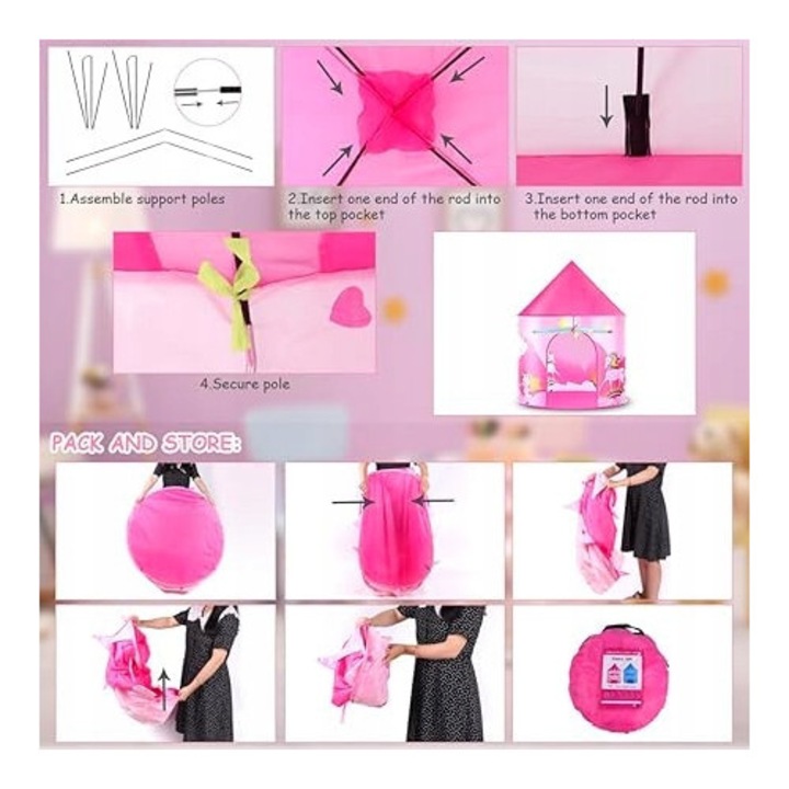 Cort de joaca pentru copii tip pop-up, castel, LED, multicolor, 3x3m
