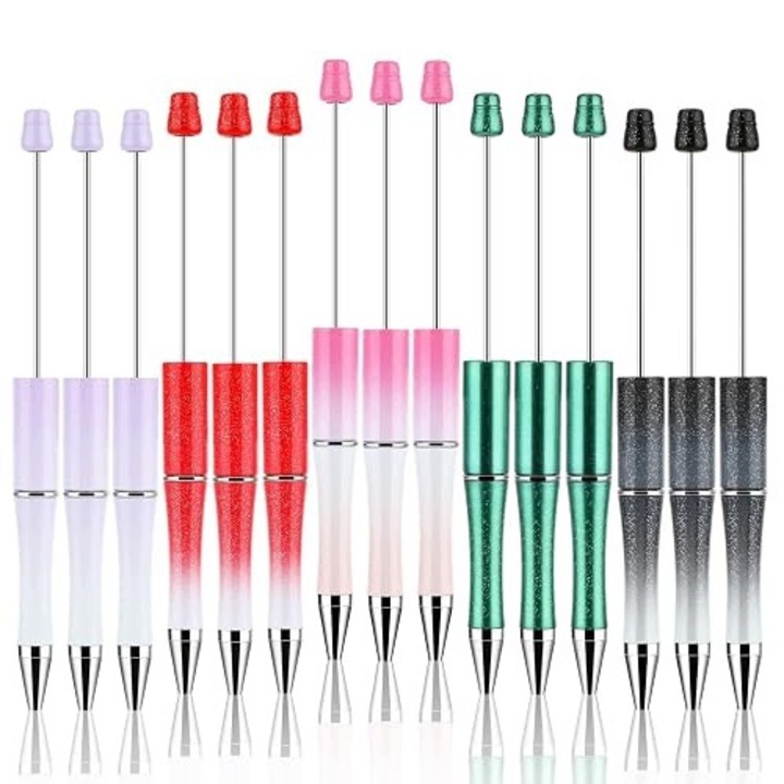 Set 15 pixuri multicolor cu margele, plastic, 14.9cm, sistem rotativ, tija metalica 5.5cm