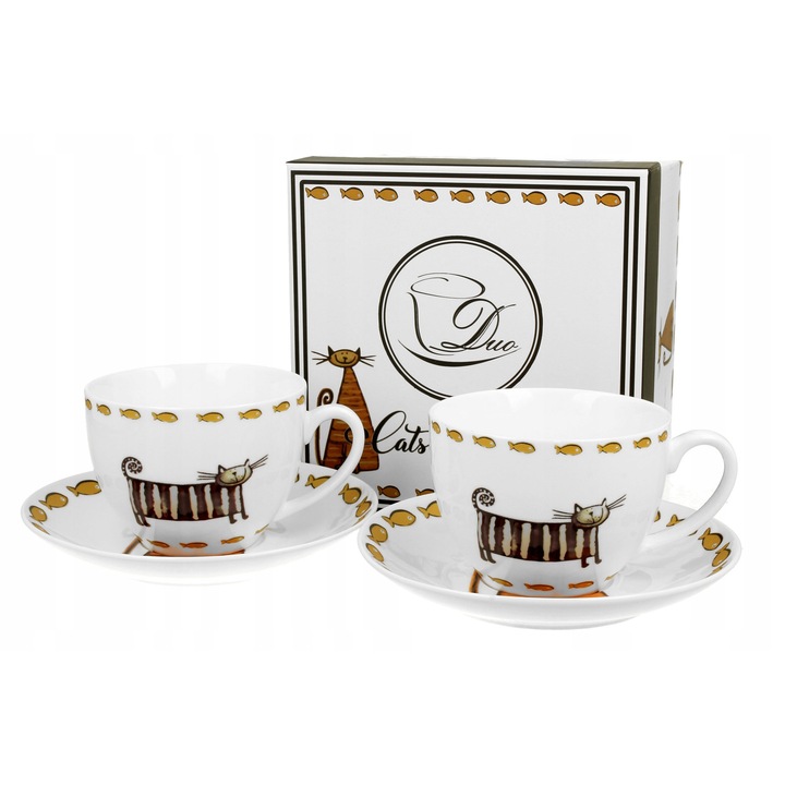 Set 2 cani Duo Classic Cats portelan crem 280ml cu farfurii 15x6.5cm