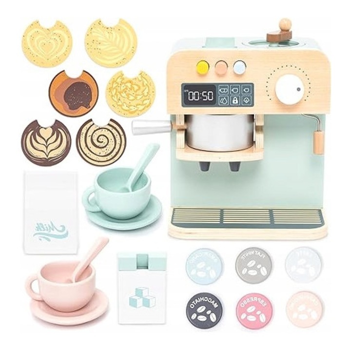 Espressor de cafea din lemn pentru copii UMU set de joaca cu accesorii