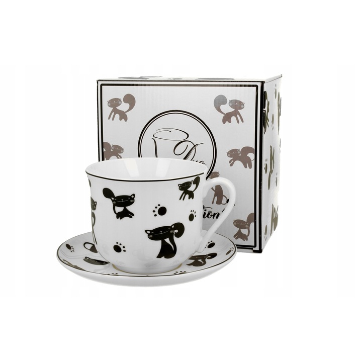Cana jumbo Duo Animals, portelan, 450ml, negru, 10.5x8.5cm, set cana si farfurie 15.5cm