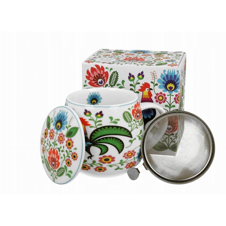 Cana Duo Koguty Folk, etnic, cu infuzor si capac, crem, 430ml