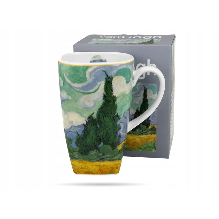 Cana patrat Duo Van Gogh 650ml portelan artistic alb 9x14cm
