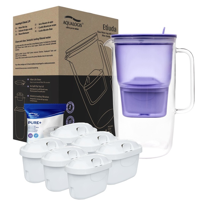 Cana filtranta Aqualogis Etiuda, sticla borosilicata, lavanda, 2.9L, set 6 filtre Pure+