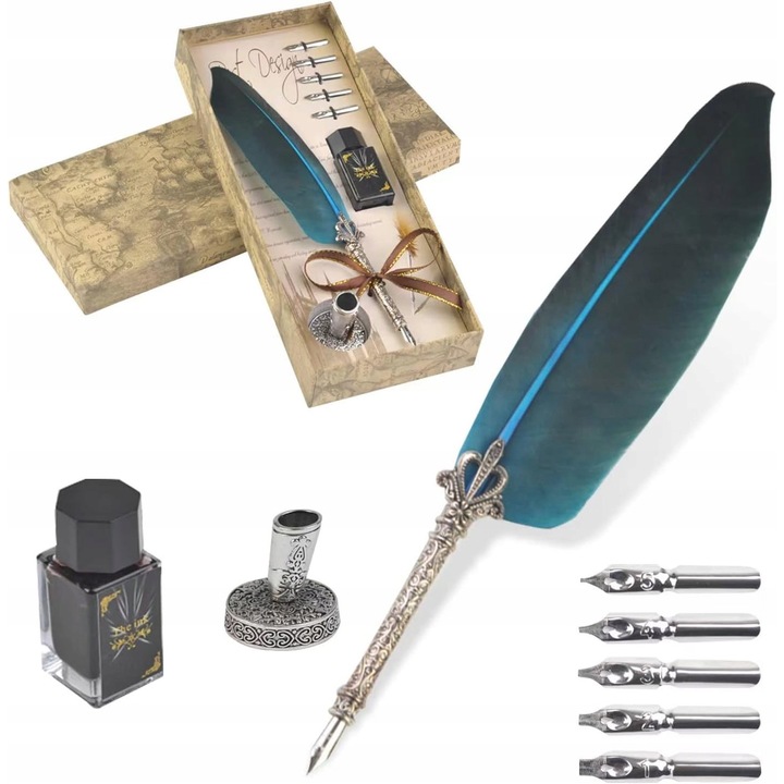 Set stilou caligrafic, 5 varfuri, cerneala, retro, maro, 15 ml