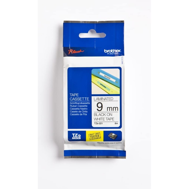 Banda etichete Brother TZe-221 alb-negru 9mmx8m