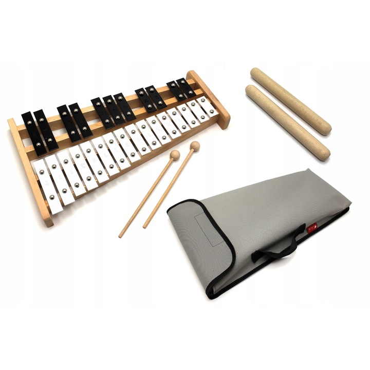 Xilofon cromatic 27 tonuri 2 octave gri 42x24.5x15x3cm set cu husa si claves