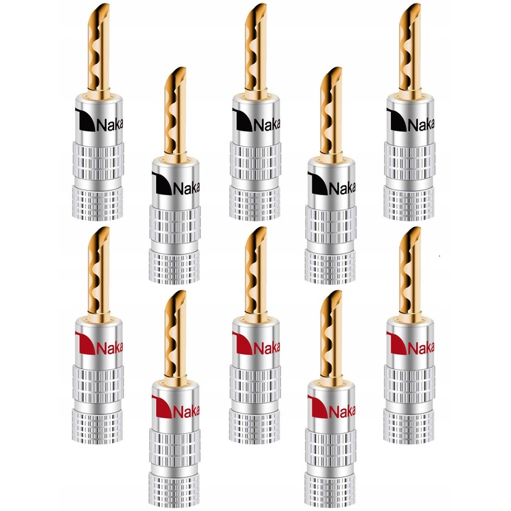 Conectori banana Nakamichi HQ Premium, cupru OFC 24k aur, set 10 buc, rosu-negru