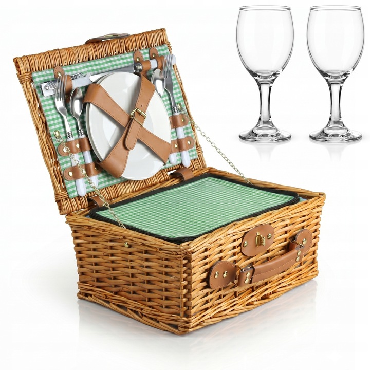 Cos picnic termic pentru 2 persoane, farfurii, tacamuri, multicolor