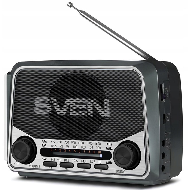 Radio portabil Sven SRP-525, retro, gri, 18.2x12x8cm, baterie si retea