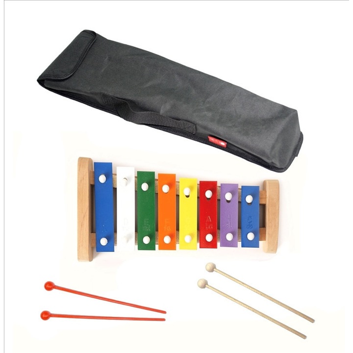 Dzwonki diatonice 8 tonuri, lemn metal colorat, 220x105mm, set cu husa neagra
