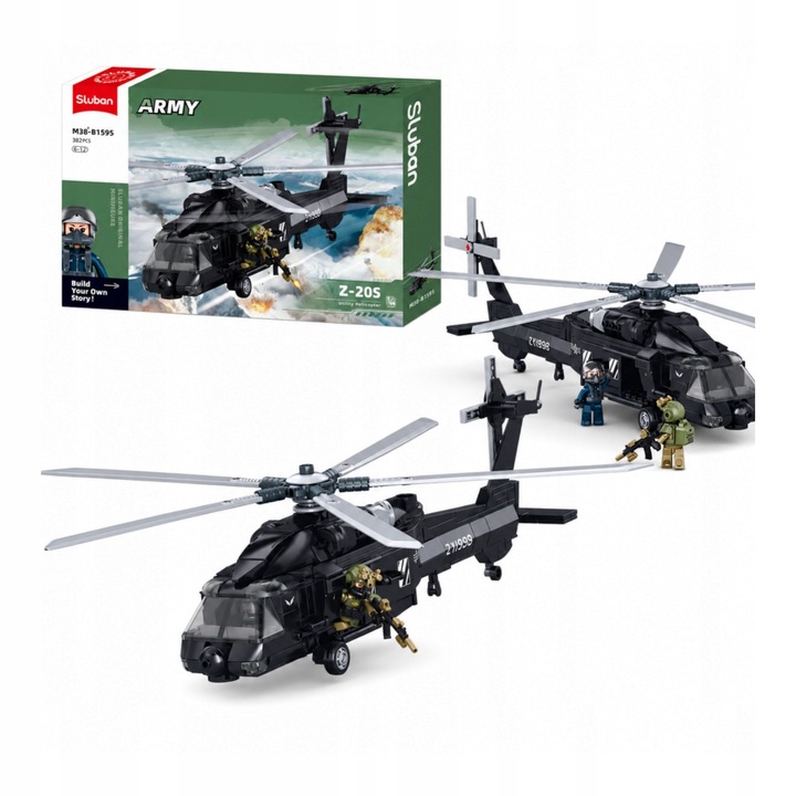 Set constructie Sluban Helicopter militar Z-20S, 382 piese, verde militar, 42.5x28.5x6.7cm