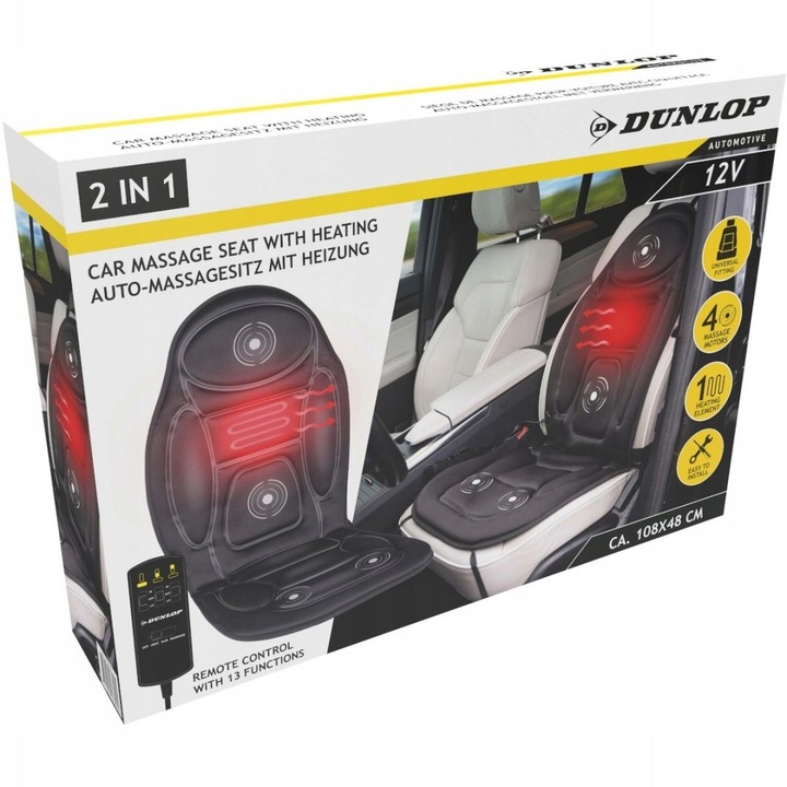Husa scaun auto Dunlop cu incalzire si masaj 12V negru 47x61x2.5cm