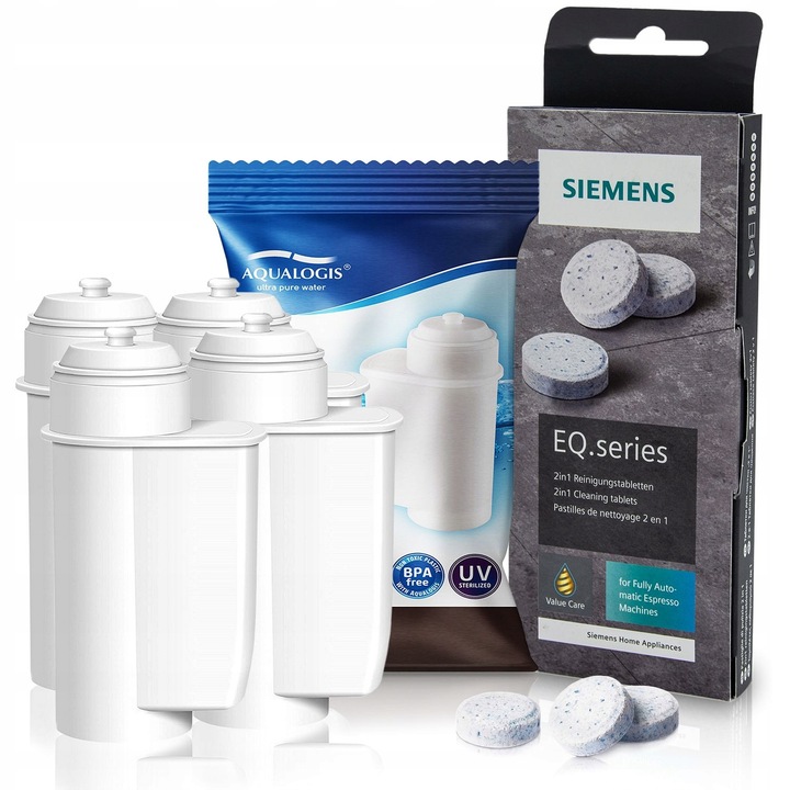 Set filtru apa Aqualogis AL-Inte 4 buc si tablete curatare Siemens TZ80001, alb, 15x12x4cm