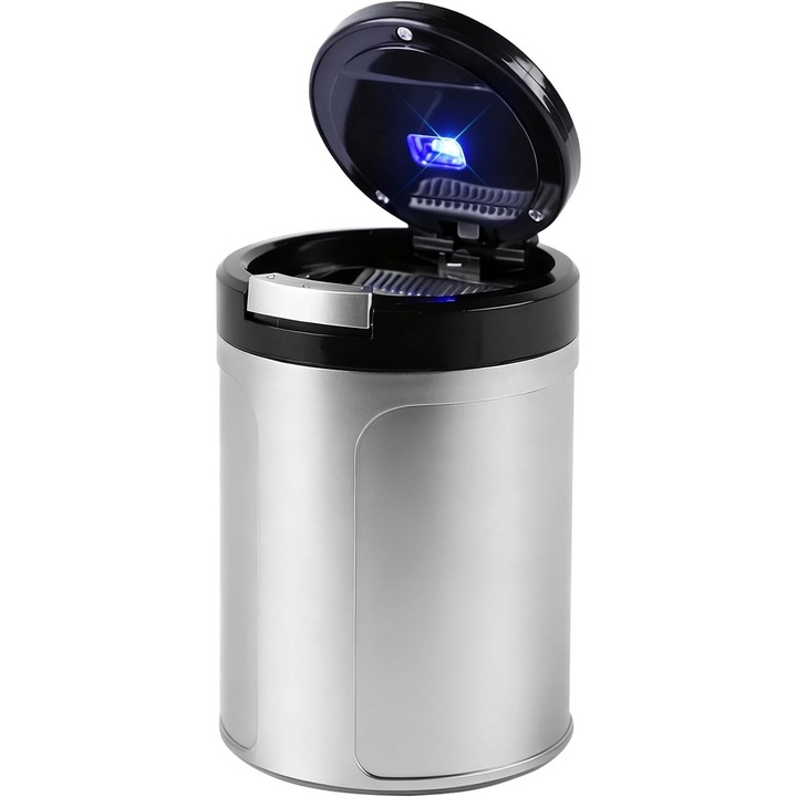 Scrumiera auto metalica, capac etans, lumina LED albastra, 10x7cm, argintiu