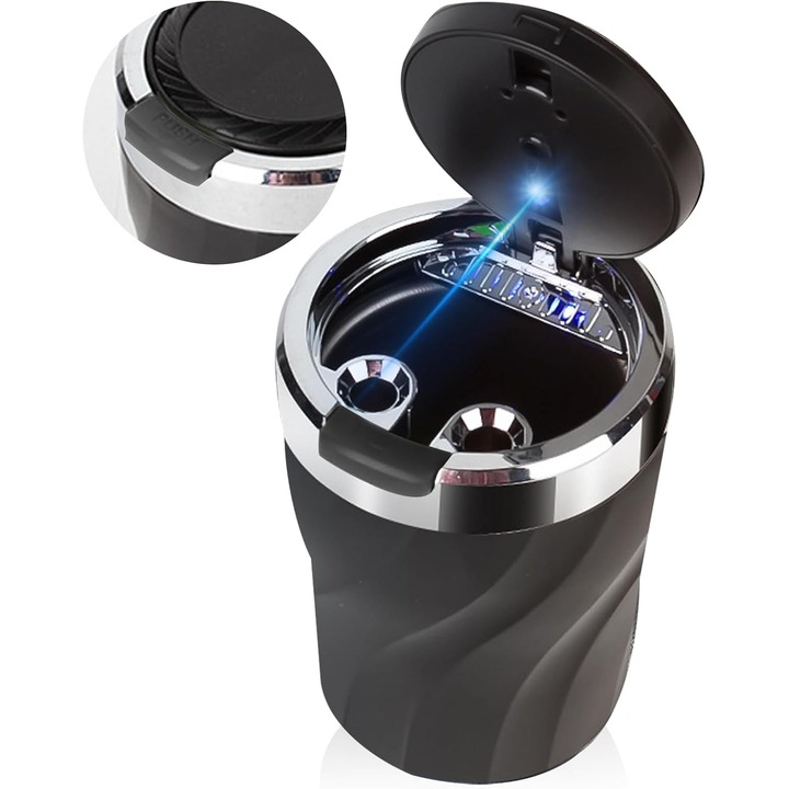 Scrumiera auto portabila, capac cu arc, LED albastru, negru, 8x6cm