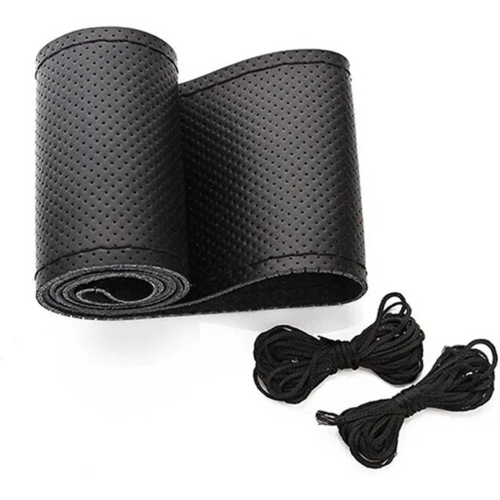 Husa volan auto microfibra antiderapanta neagra 38cm 10.5cm set cusut