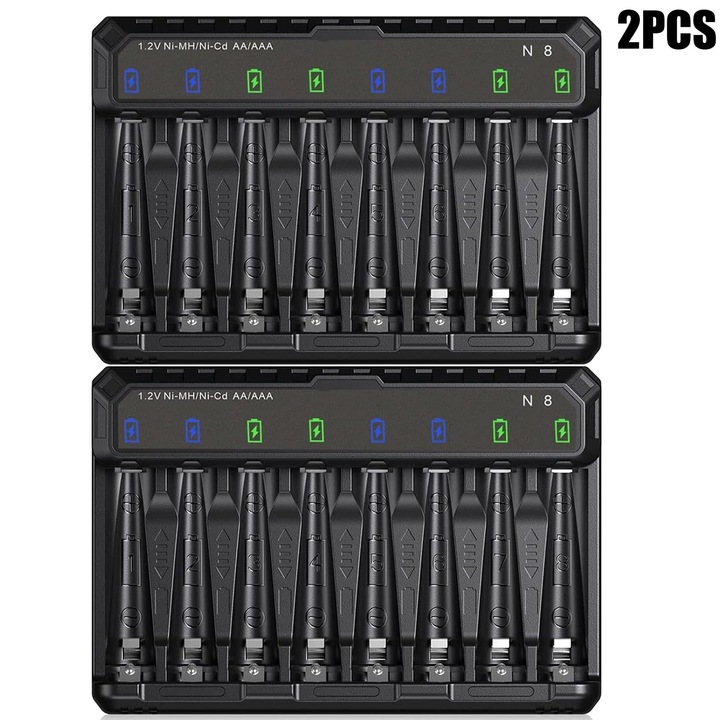 Incarcator universal baterii 8 sloturi, USB-C, pentru AA AAA Li-ion Ni-MH, 1.2V, set 2 buc