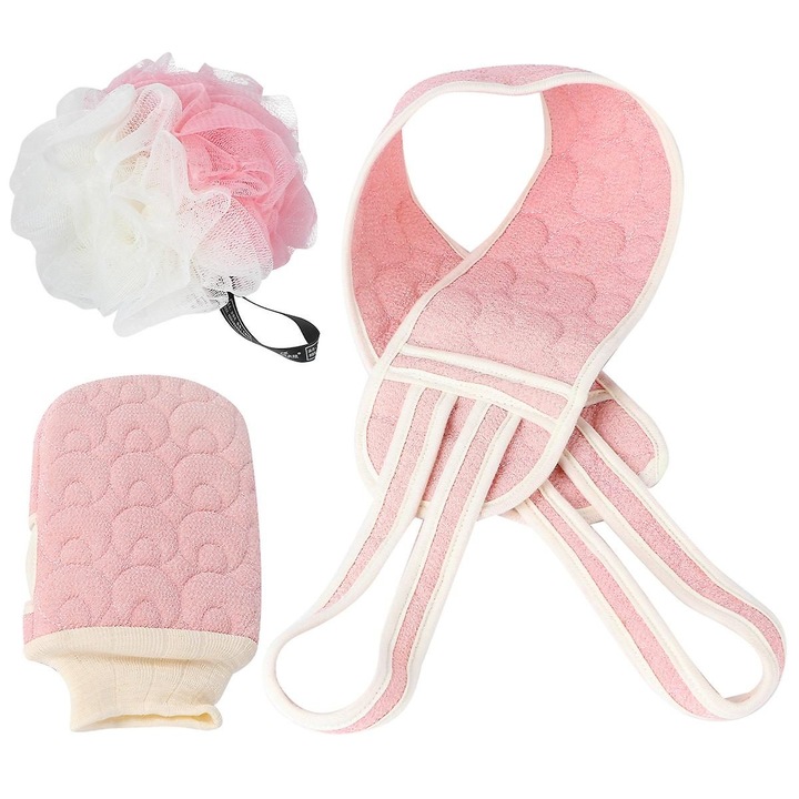 Set pentru exfoliere corporala, manusa exfolianta frote, banda de masaj pentru spate cu manere si burete loofah, roz/alb