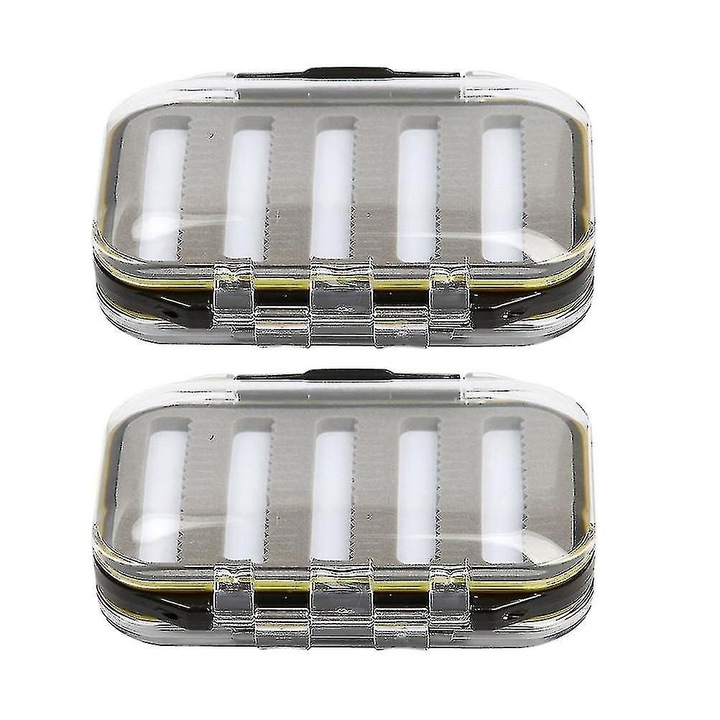 Set 2 cutii pentru muste pescuit, plastic dur, negru, 10.5x7.5x3.3cm