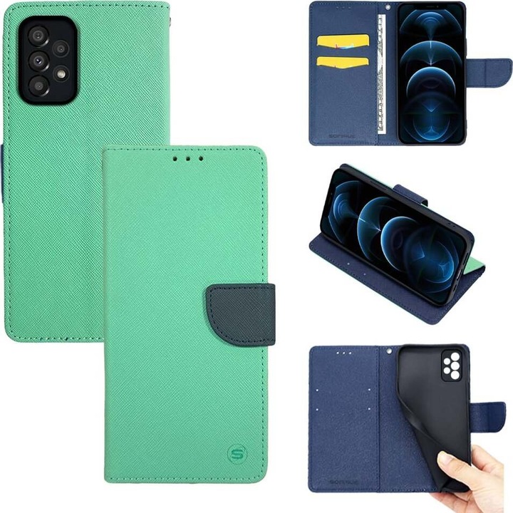 Husa telefon Sonique Trend Book, piele PU, albastru inchis, pentru Galaxy A33 5G, 2x carduri, 1x documente, 15x7x1cm