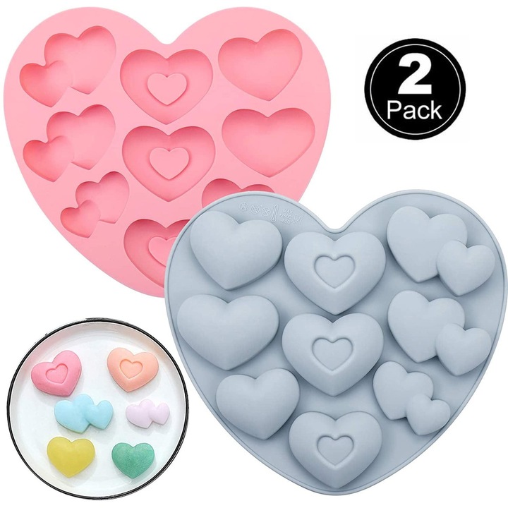 Set 2 forme silicon inima pentru copt, flexibil, 9 cavitati, rosu, 22x15cm