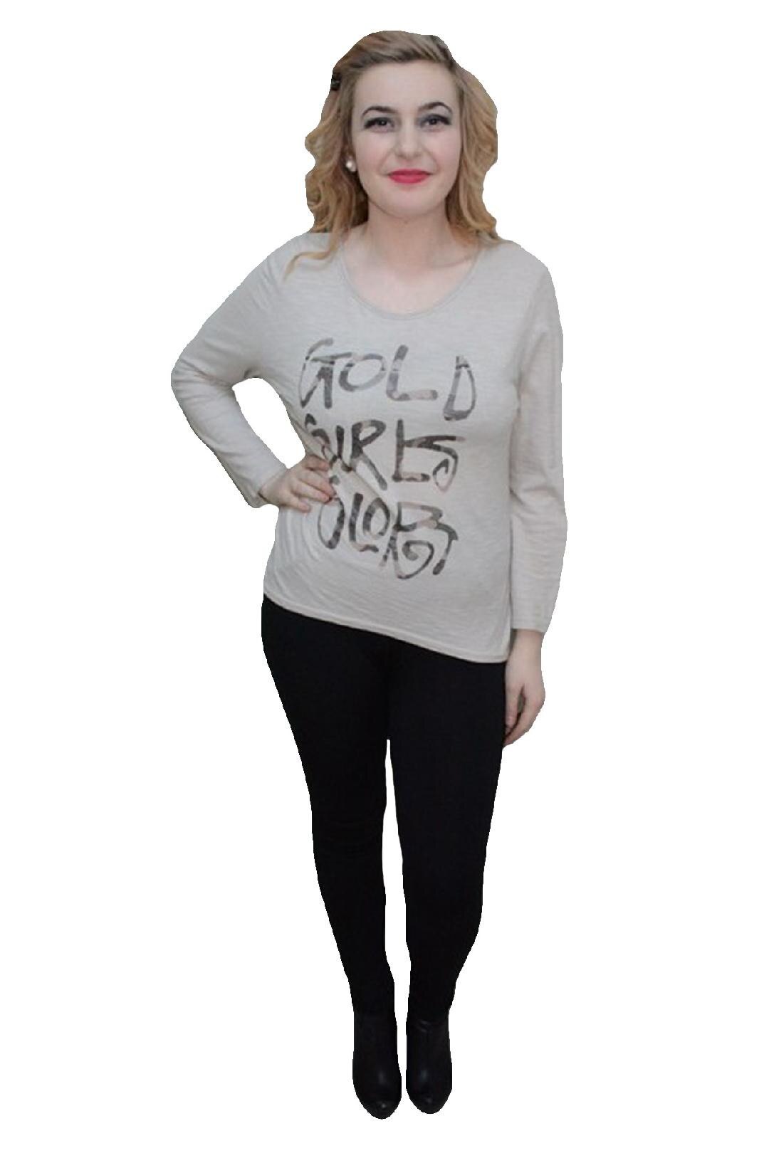 Tricou cu design grafic aplicat, decolteu rotund,D&J Exclusive, Bej