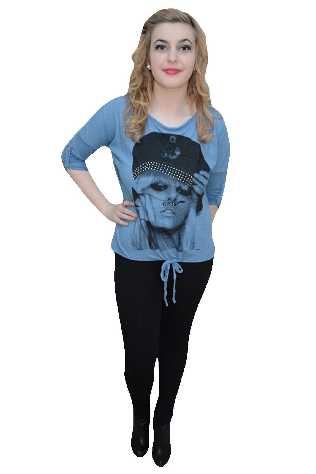 Tricou din bumbac cu imprimeu mare cu aspect foto,D&J Exclusive, Albastru