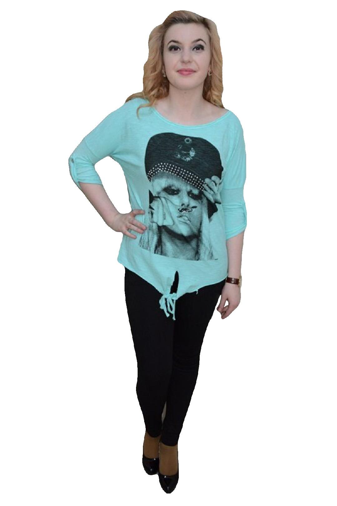 Tricou din bumbac cu imprimeu mare cu aspect foto,D&J Exclusive, Turcoaz