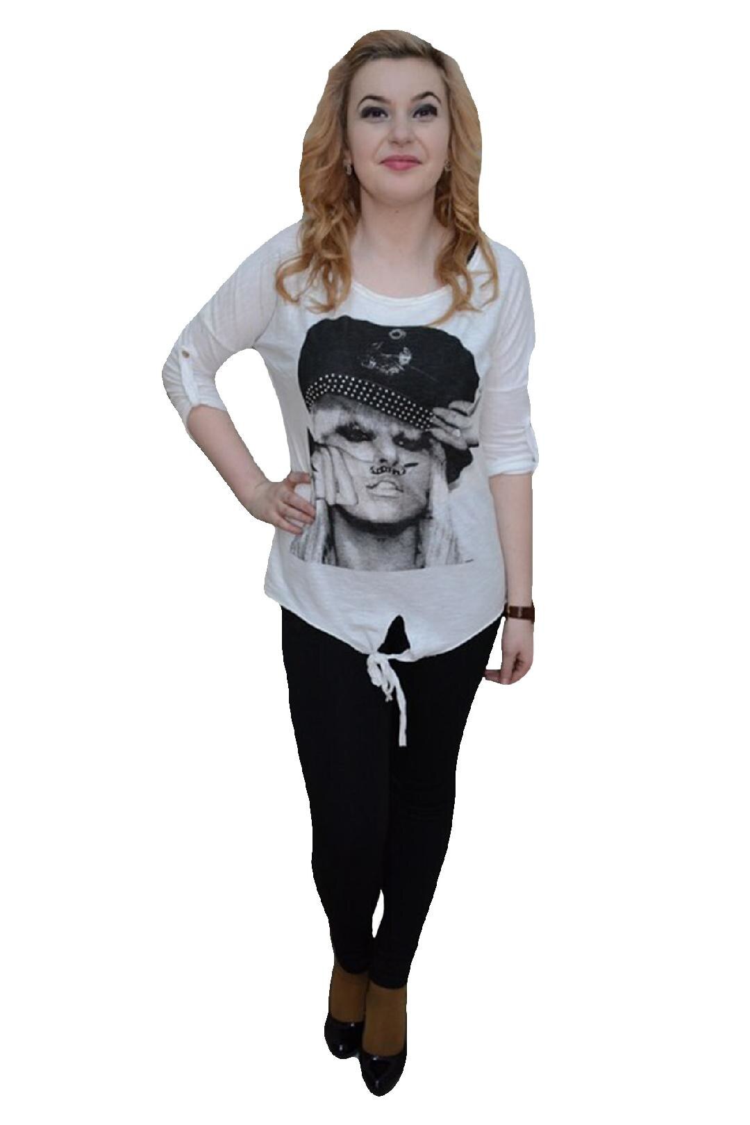 Tricou din bumbac cu imprimeu mare cu aspect foto,D&J Exclusive, Alb