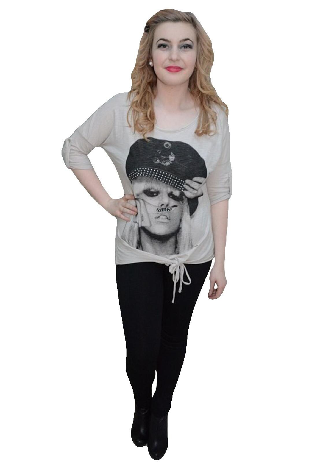 Tricou din bumbac cu imprimeu mare cu aspect foto,D&J Exclusive, Bej