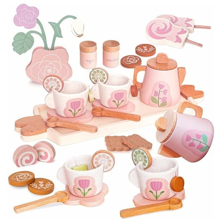 Set ceai lemn pentru copii, 17 piese, roz, 20x15x10cm