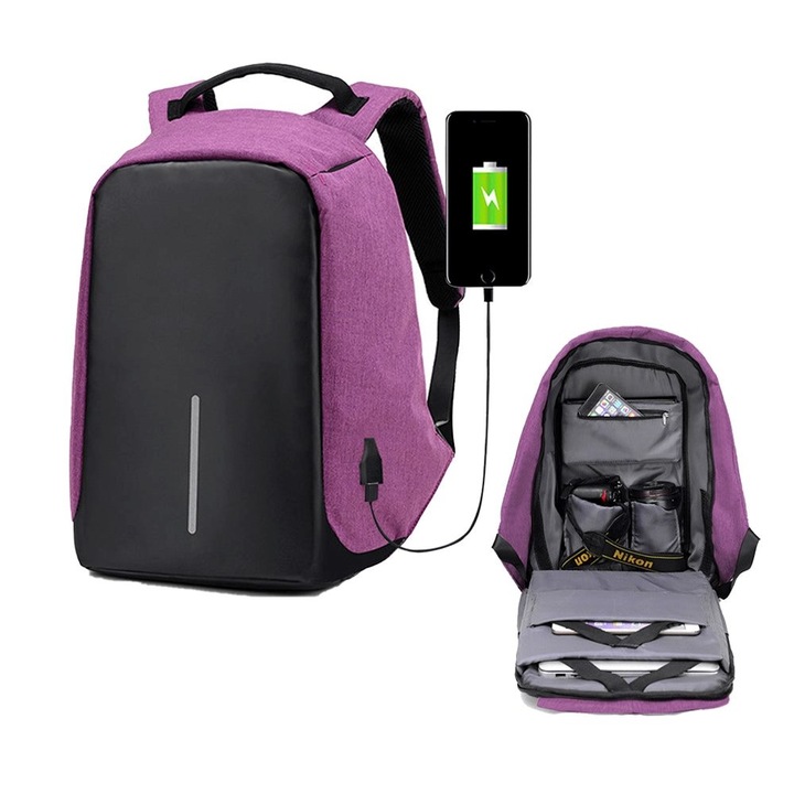 Rucsac antifurt laptop USB violet 26x11x43cm