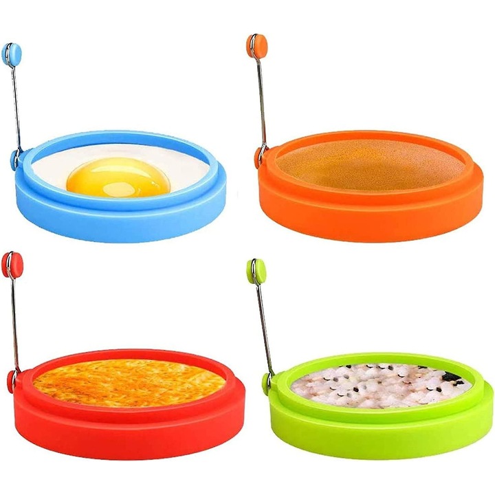 Set 4 forme rotunde silicon pentru oua, 10x2cm, termorezistente, nonaderente, inox