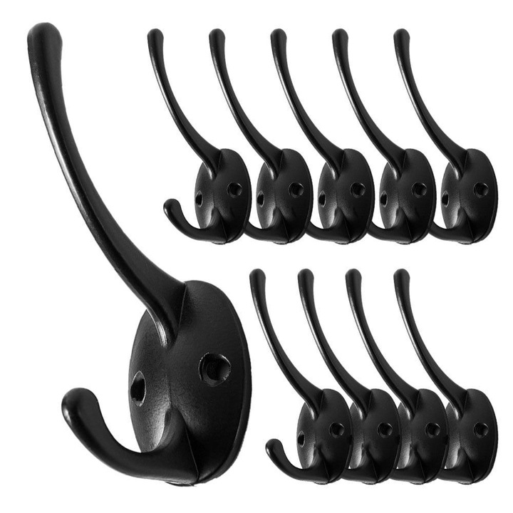 Set 10 cuiere din fonta, stil retro, negru, 8.5x3cm